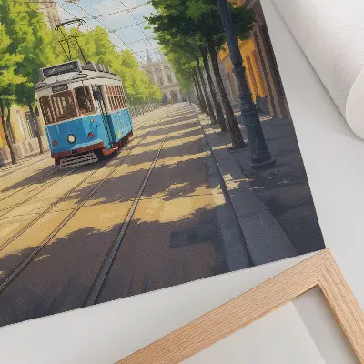 Nástěnný plakát slunečná pouliční tramvaj v zelených a modrých barvách