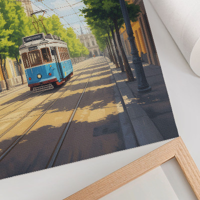 Nástěnný plakát Slunečná pouliční tramvaj zelená a modrá