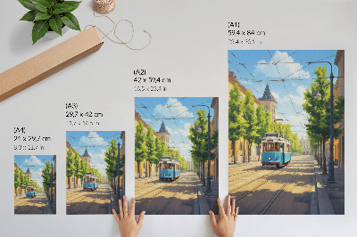 Nástěnný plakát Slunečná pouliční tramvaj zelená a modrá