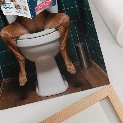 Plakát pes na záchodě se zelenými dlaždicemi
