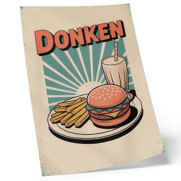 Nástěnný plakát s motivem burgeru a hranolek na retro pozadí