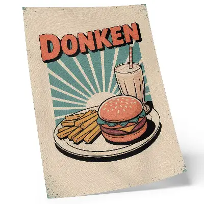 Nástěnný plakát s motivem burgeru a hranolek na retro pozadí