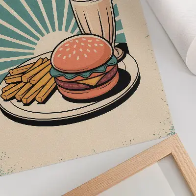Nástěnný plakát s motivem burgeru a hranolek na retro pozadí