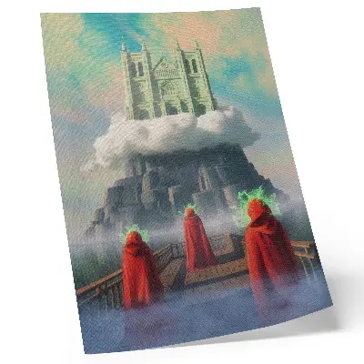Plakát na zeď surrealistický výjev postav v kabátech ze Zámku v oblacích