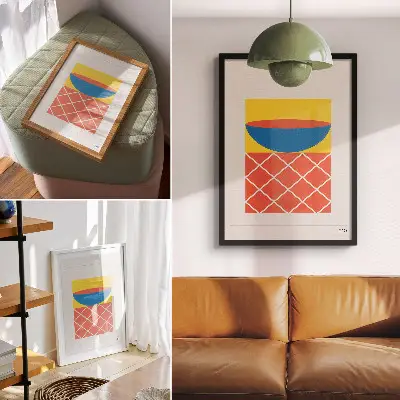 Geometrická kompozice žluté, modré a červené barvy plakátový obraz