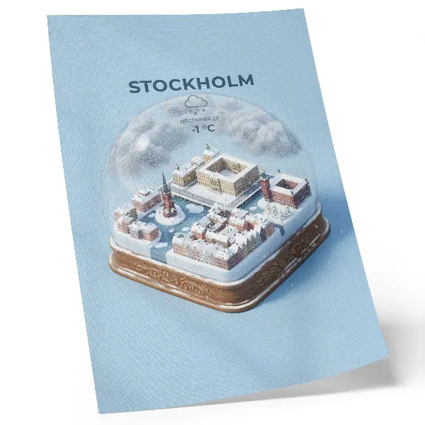 Nástěnný plakát Stockholm v kouli s motivem moderní architektury v zimním klimatu