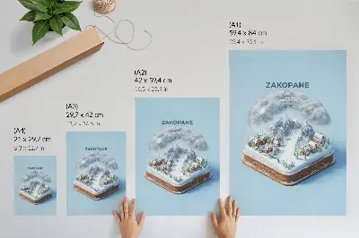 Nástěnný plakát zimní říše divů v kouli v klidných barvách s horským kouzlem