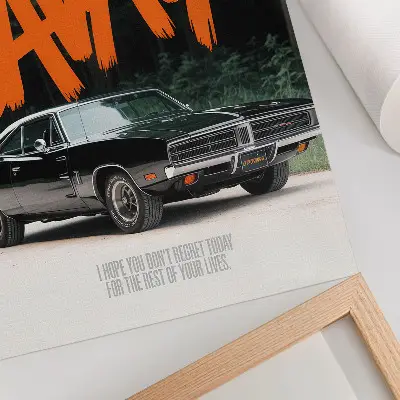 Dekorativní plakát klasické auto s oranžovým písmem v přírodním motivu
