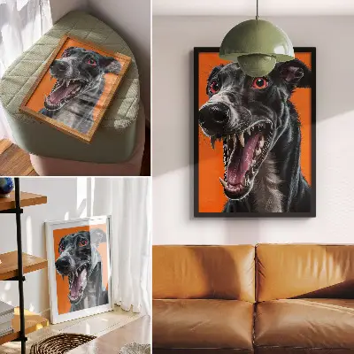 Plakát na zeď černá kožešina na oranžovém pozadí s expresivními detaily