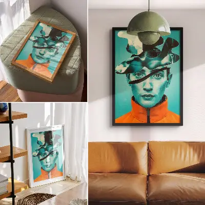 Dekorativní plakát s motivem kontrastních barev v surrealistickém stylu s dynamickými tvary