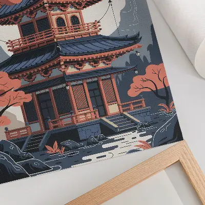 Plakát na zeď japonský chrám v pastelových barvách s motivem stromů a hor pro pocit klidu