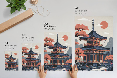 Plakát na zeď Japonský chrám v pastelových barvách, stromy, hory, klid