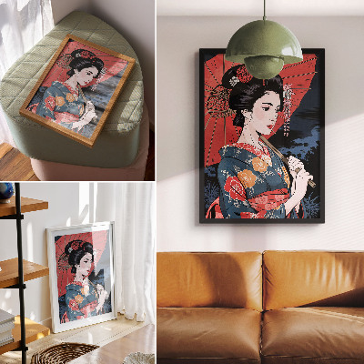 Plakát Japonský styl ženy deštník barevná noc
