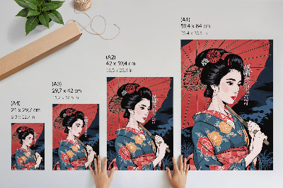Plakát Japonský styl ženy deštník barevná noc