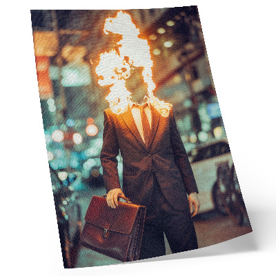 Plakátový obraz Elegantní muž s hořící hlavou ve městě