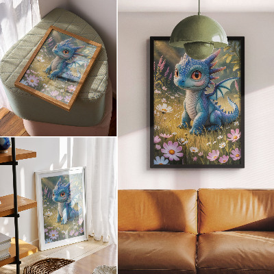 Plakát na zeď Luxusní modrý drak mezi květinami
