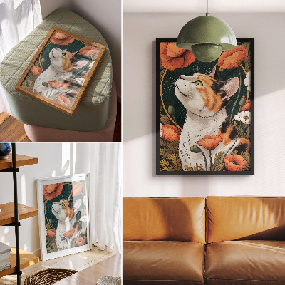 Nástěnný plakát Kočka mezi máky, styl ilustrace, příroda