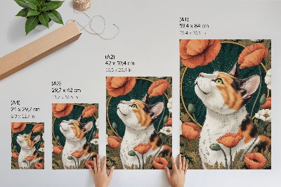 Nástěnný plakát Kočka mezi máky, styl ilustrace, příroda