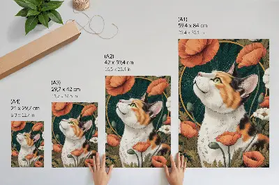 Nástěnný plakát kočka mezi máky v ilustrovaném přírodním stylu