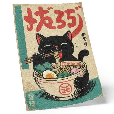 Plakátový obraz Černá kočka Ramen Bowl v japonském retro stylu