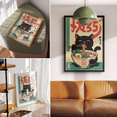 Plakátový obraz Černá kočka Ramen Bowl Japonské retro inspirace