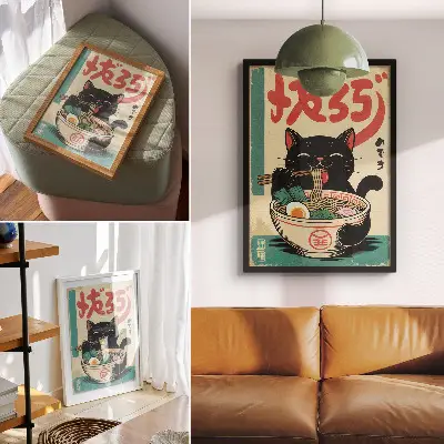 Plakátový obraz Černá kočka Ramen Bowl v japonském retro stylu