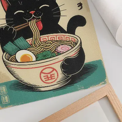 Plakátový obraz Černá kočka Ramen Bowl v japonském retro stylu