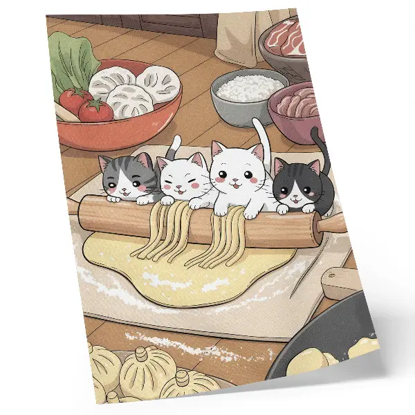 Dekorativní plakát ilustrace koťata v kuchyni v teplých barvách