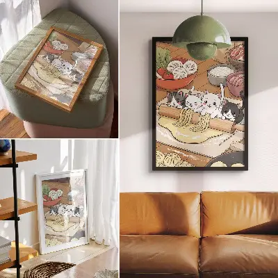 Dekorativní plakát ilustrace koťata v kuchyni v teplých barvách