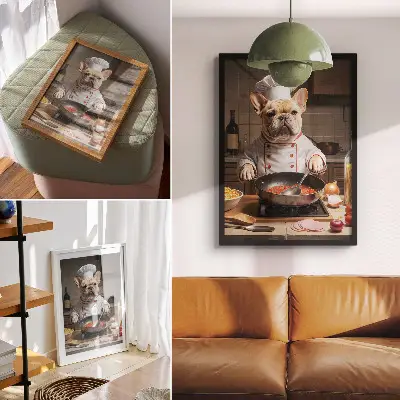 Nástěnný plakát buldok v kuchyni v legračním surrealistickém stylu