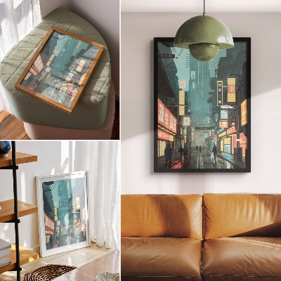 Dekorativní plakát Městská noční scéna s retro-futuristickým stylem a neonovými světly