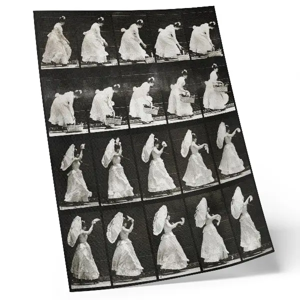 Plakát fotografie Žena zvedající košík, mávající kapesníkem od Eadwearda Muybridge z roku 1887