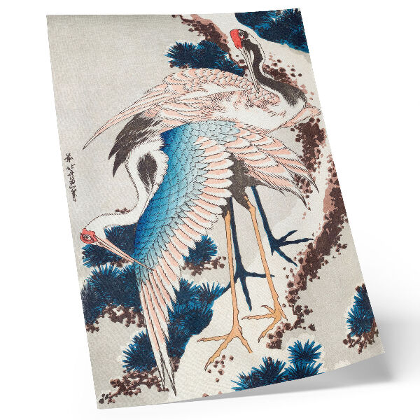 Plakát na zeď Jeřábi na zasněženém stromě od Katsushiki Hokusai (1834), vintage dřevoryt