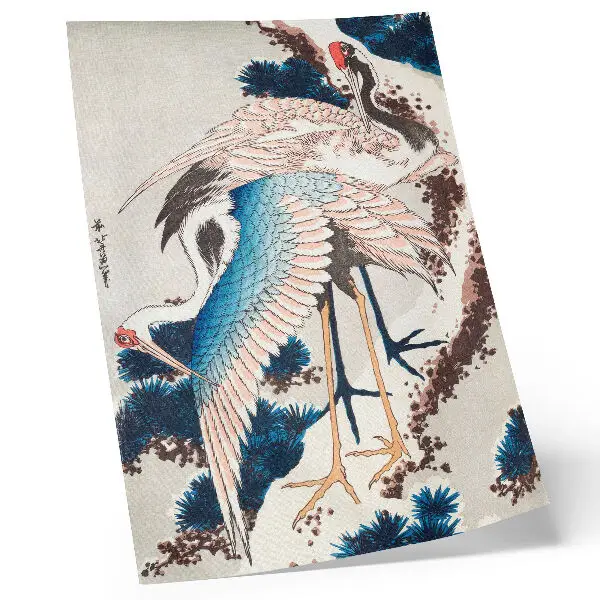 Plakát na zeď Jeřábi na zasněženém stromě vintage dřevoryt od Katsushiki Hokusai z roku 1834