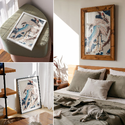 Plakát na zeď Jeřábi na zasněženém stromě od Katsushiki Hokusai (1834), vintage dřevoryt