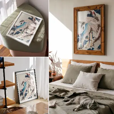 Plakát na zeď Jeřábi na zasněženém stromě vintage dřevoryt od Katsushiki Hokusai z roku 1834