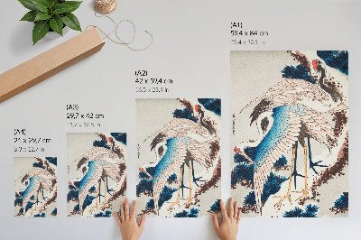 Plakát na zeď Jeřábi na zasněženém stromě od Katsushiki Hokusai (1834), vintage dřevoryt