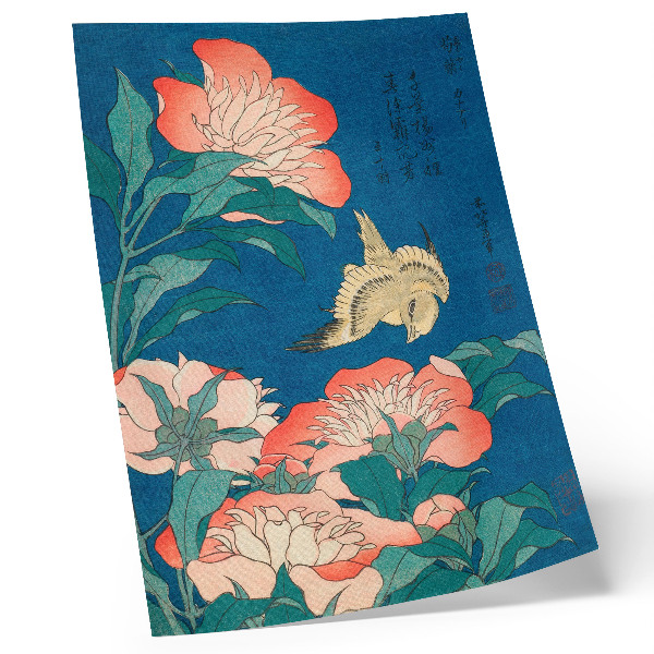 Nástěnný plakát Pivoňky a kanárek od Kacušiki Hokusai (1834) – vintage dřevoryt