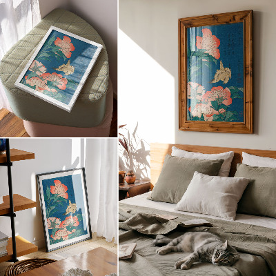 Nástěnný plakát Pivoňky a kanárek od Kacušiki Hokusai (1834) – vintage dřevoryt