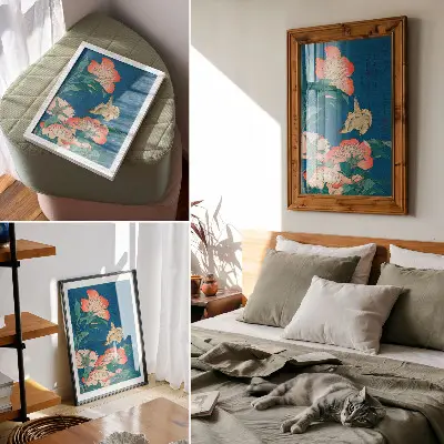 Nástěnný plakát Pivoňky a kanárek od Kacušiki Hokusai z roku 1834 ve stylu vintage dřevorytu