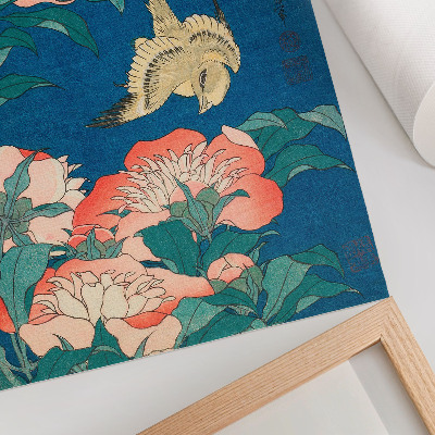 Nástěnný plakát Pivoňky a kanárek od Kacušiki Hokusai (1834) – vintage dřevoryt