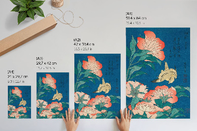 Nástěnný plakát Pivoňky a kanárek od Kacušiki Hokusai (1834) – vintage dřevoryt