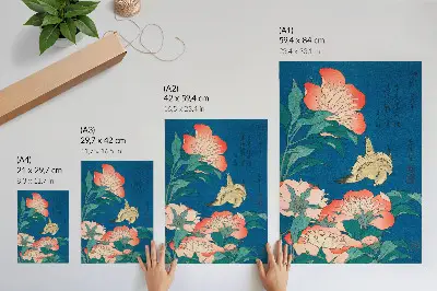 Nástěnný plakát Pivoňky a kanárek od Kacušiki Hokusai z roku 1834 ve stylu vintage dřevorytu