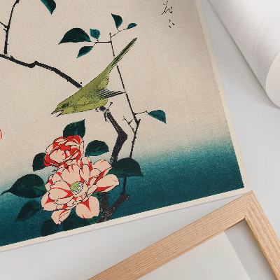 Plakátový obraz Ukiyo-e ilustrace Camellia a Nightingale od Utagawa Hiroshige (1797-1858)