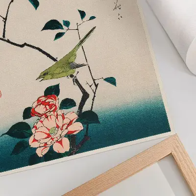 Plakátový obraz ukiyo-e ilustrace Camellia a Nightingale od Utagawy Hiroshige