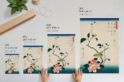 Plakátový obraz ukiyo-e ilustrace Camellia a Nightingale od Utagawy Hiroshige