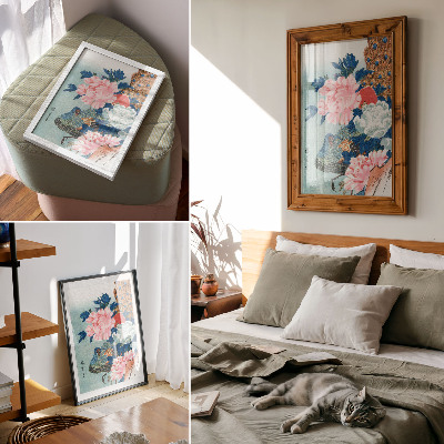 Plakát na zeď Páv a pivoňky, vintage japonský dřevotisk od Utagawy Hirošige