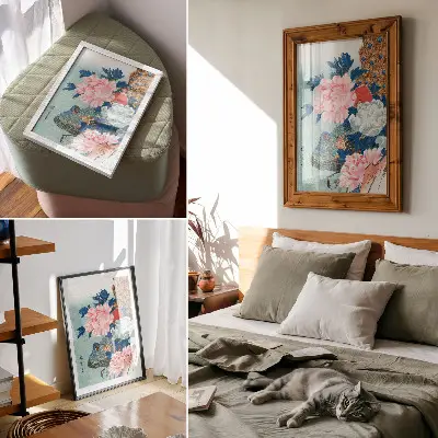 Plakát na zeď s motivem Páv a pivoňky, vintage japonský dřevotisk od Utagawy Hirošige
