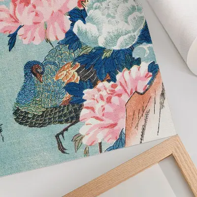Plakát na zeď s motivem Páv a pivoňky, vintage japonský dřevotisk od Utagawy Hirošige