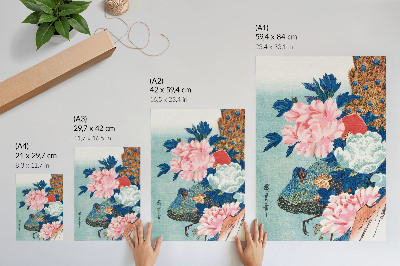 Plakát na zeď Páv a pivoňky, vintage japonský dřevotisk od Utagawy Hirošige